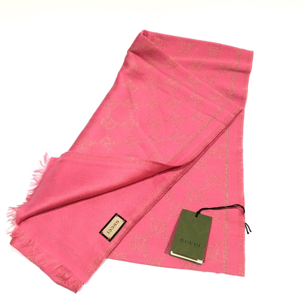 GUCCI GG Guccissima Long Scarf -Pink / Metallic Gold -Wool Modal Blend -NWT